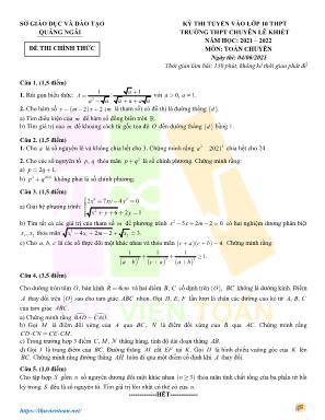 Đề thi tuyển vào lớp 10 THPT Quãng Ngãi môn Toán - Năm học 2021-2022